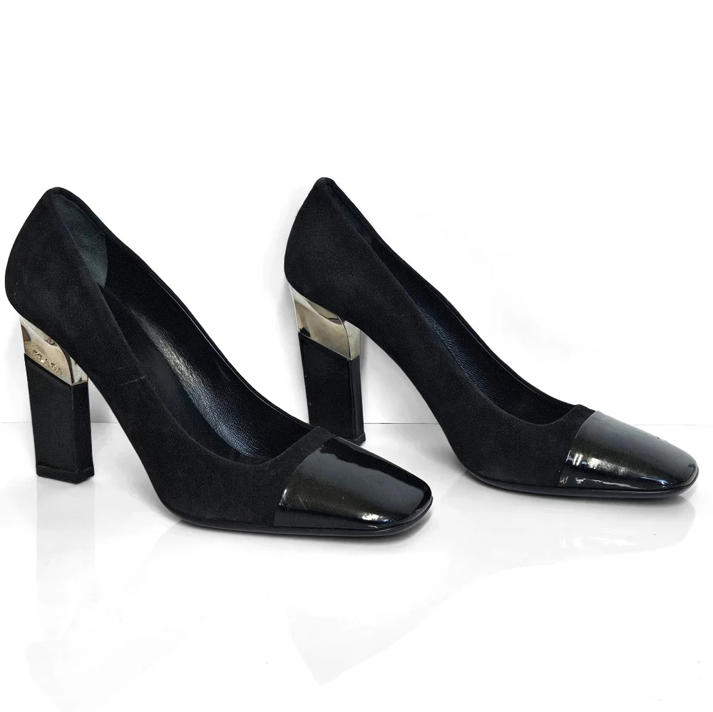 Prada Black Suede Patent Leather Square Toe‎ Block Heel Pumps Silver Accent 36.5